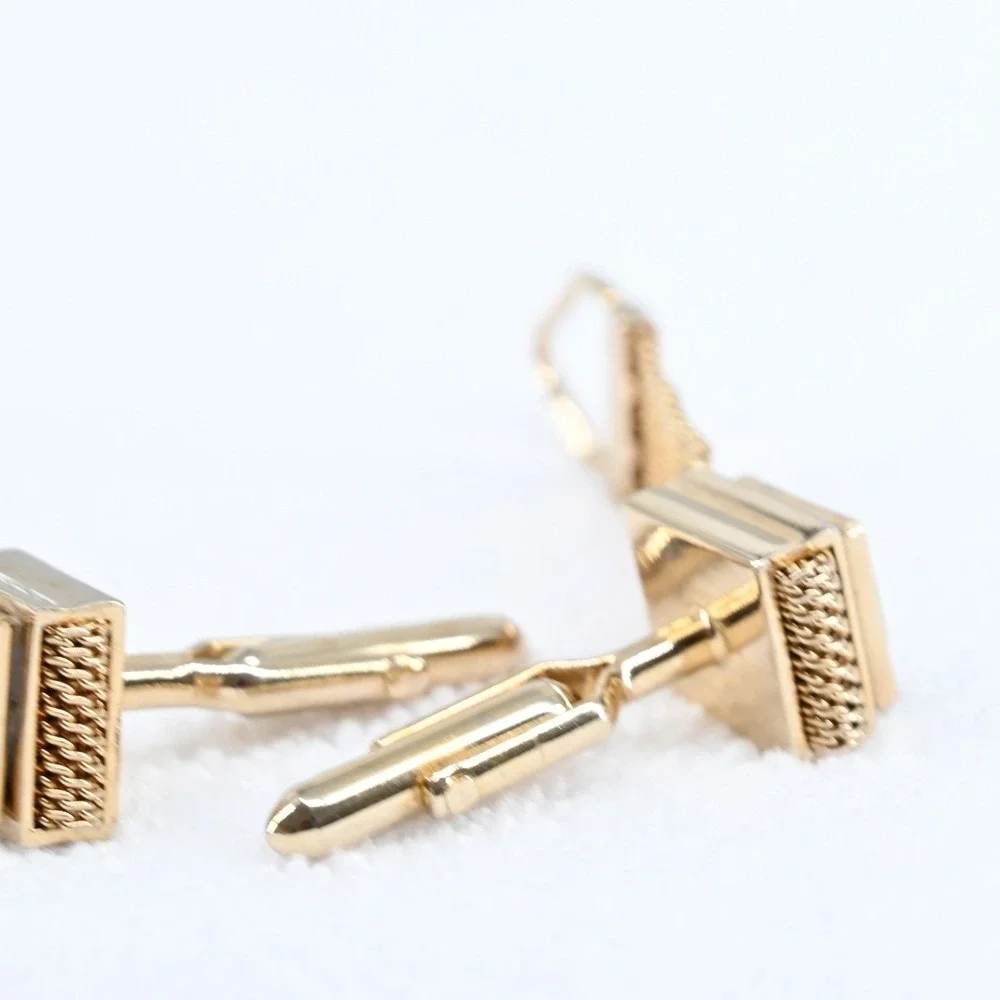 Vintage Gold Mesh Wrap Cufflinks Faux Jade Square Excellent Retro 70s Luxe
